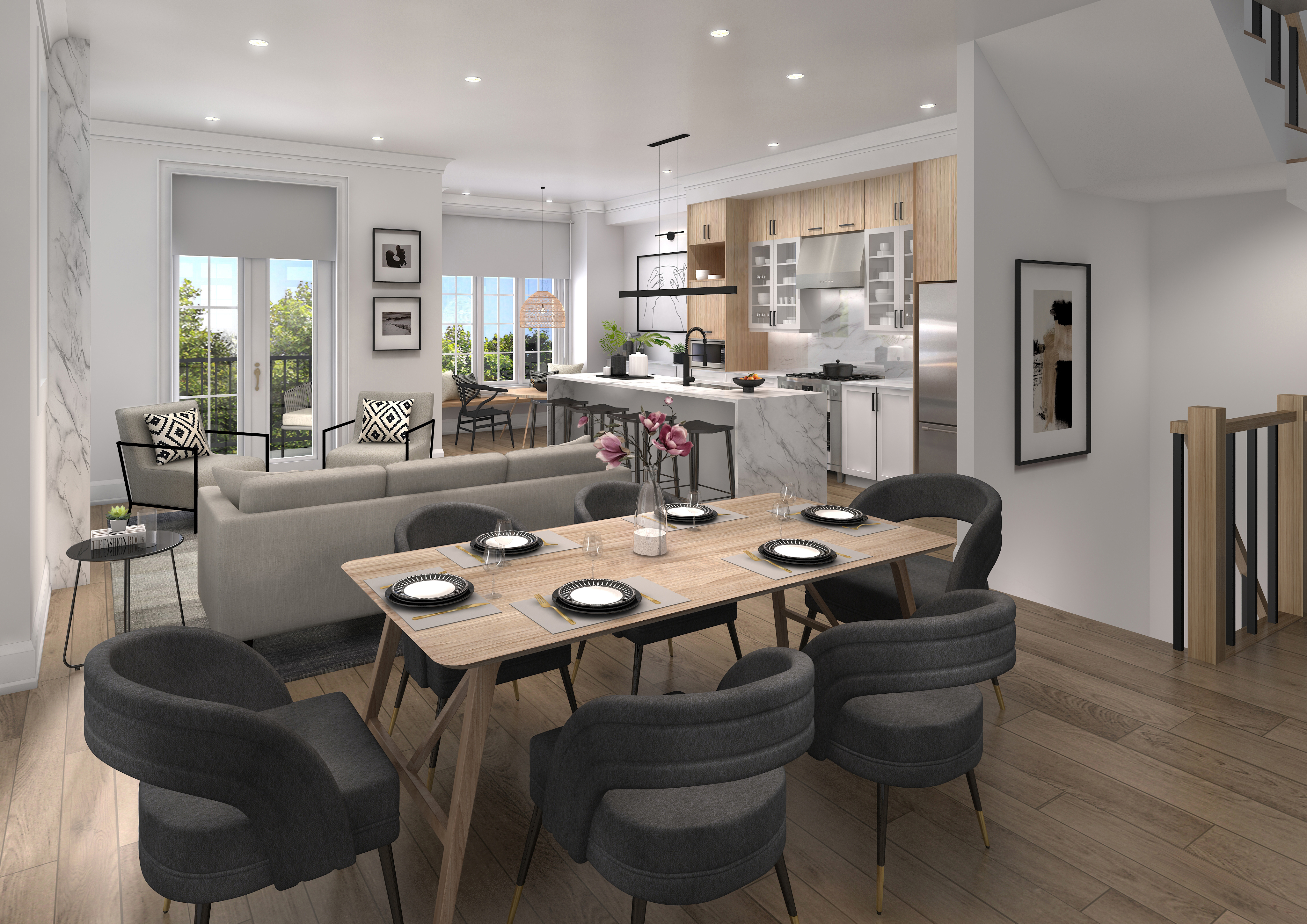 NY WALK open concept kitchen and dining rendering