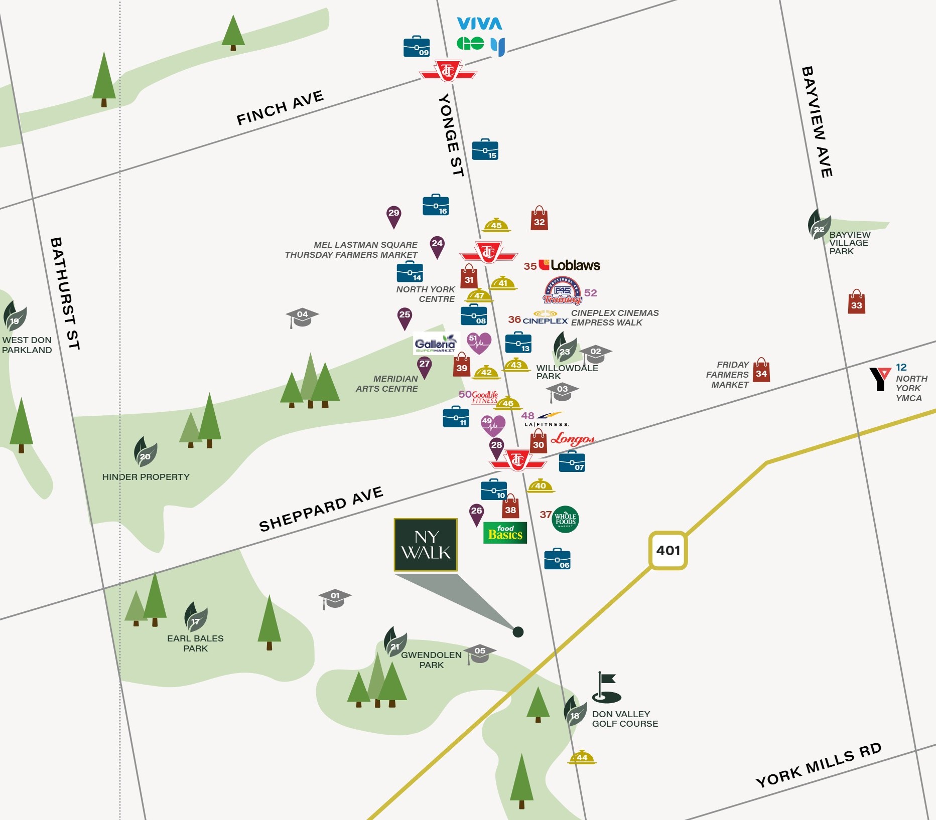 NY WALK amenity map showing nearby parks, shopping, transit, dining, schools, and fitness destinations